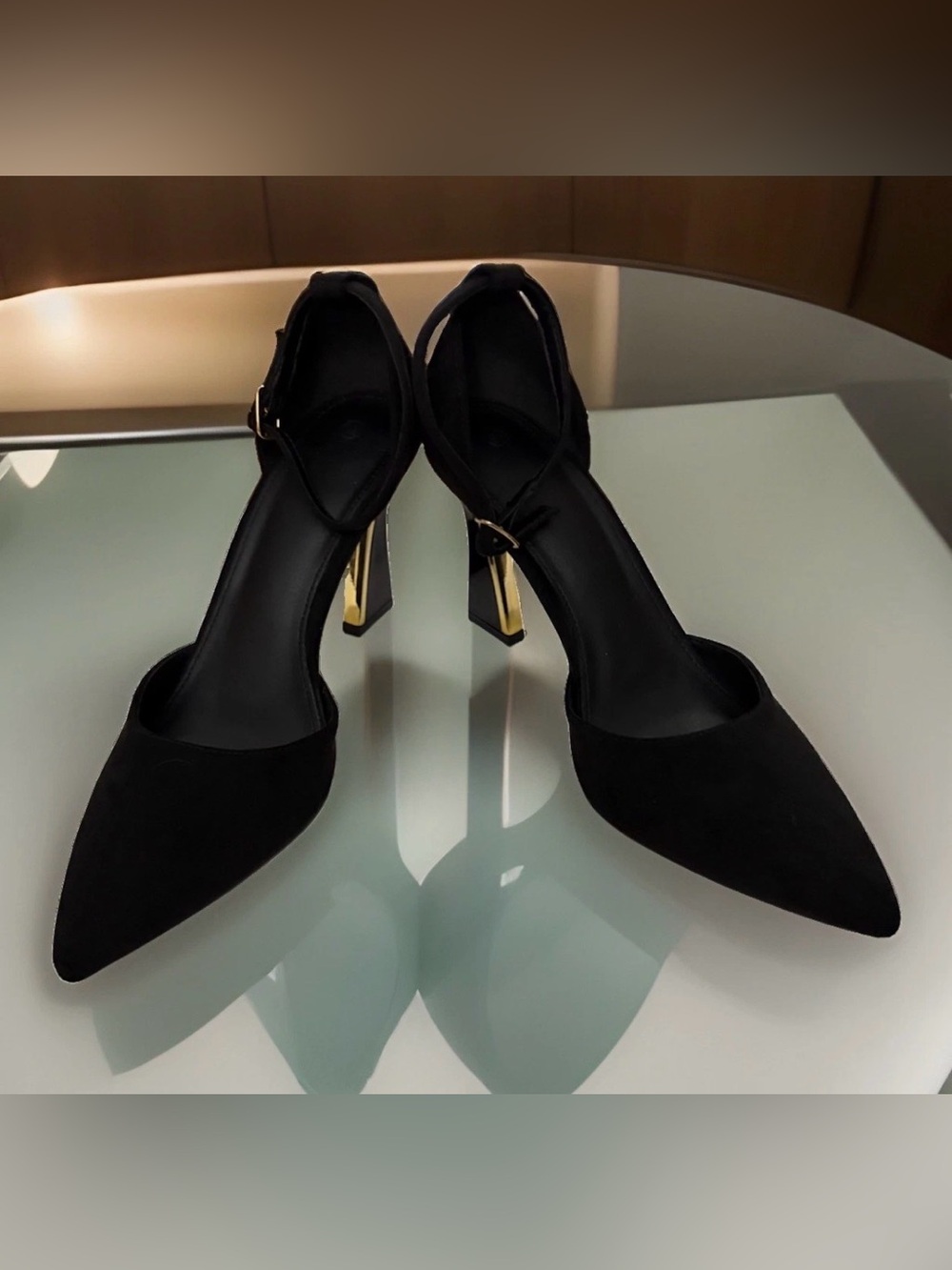 NEW Black Pointed Toe Ankle-Strap Heels with Gold Block Heel Size 9.5